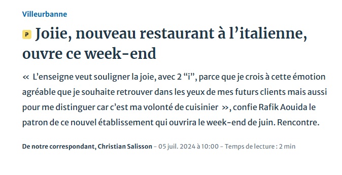 Journal parution d'article quotidien régional ouverture restaurant pizzeria villeurbanne